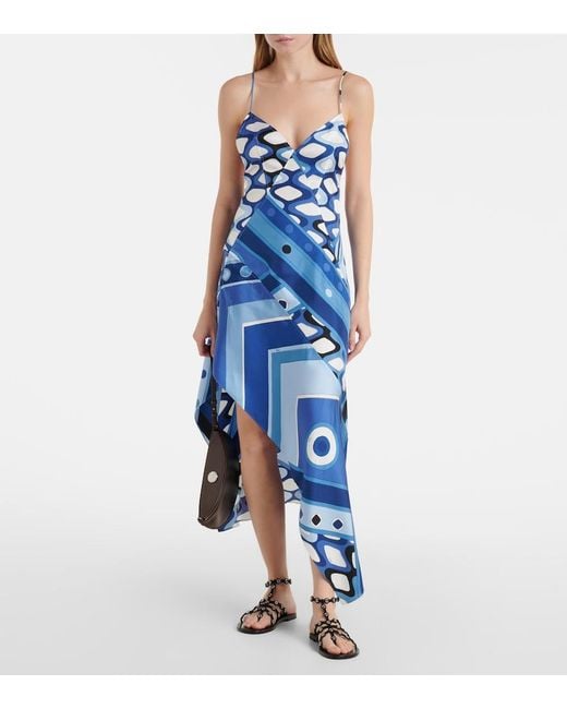 Emilio Pucci Blue Vivara Asymmetric Silk Satin Midi Dress
