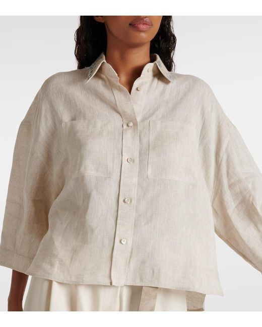 Brunello Cucinelli White Verziertes Hemd aus Leinen