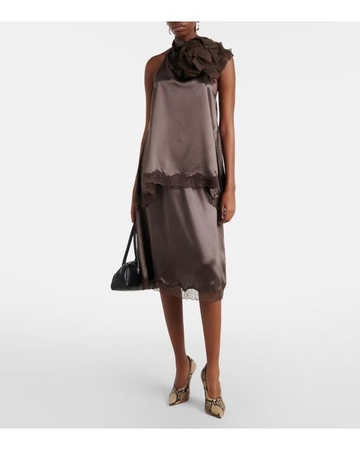 Magda Butrym Brown Floral-Applique Lace-Trimmed Silk Satin Top