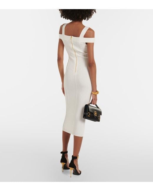 Balmain White Strickte Midi Kleid in sieben