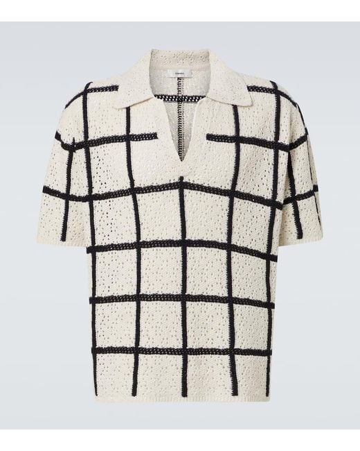 Commas White Checked Crochet Cotton And Wool Polo Shirt for men