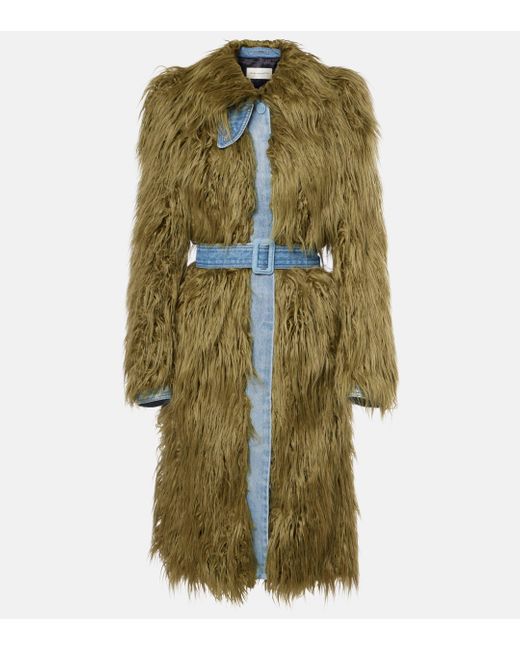 Dries Van Noten Green Rangel Faux Fur-trimmed Denim Coat