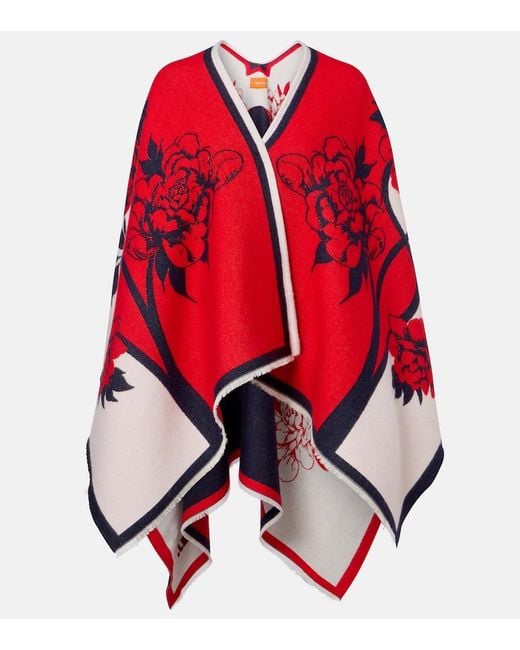 LaDoubleJ Red Soul Floral Wool And Silk Poncho