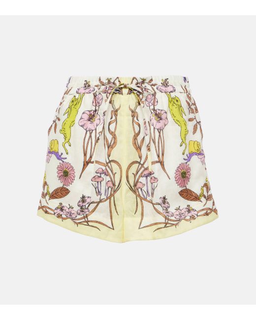 Tory Burch White Floral High-rise Linen Shorts