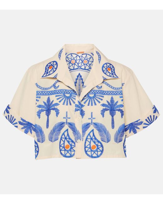 Johanna Ortiz Blue Embroidered Cropped Cotton Shirt
