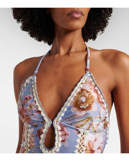 Zimmermann Blue Awaken Floral Crochet-Trimmed Swimsuit