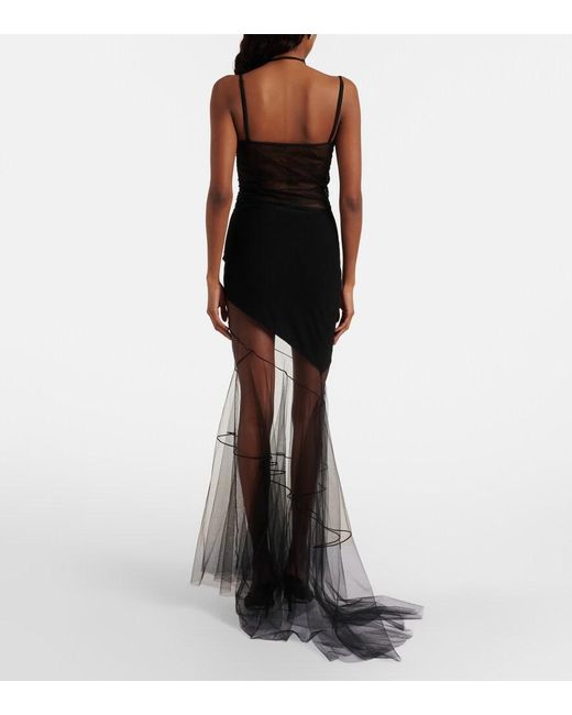 Nensi Dojaka Black Asymmetric Draped Sheer Maxi Dress