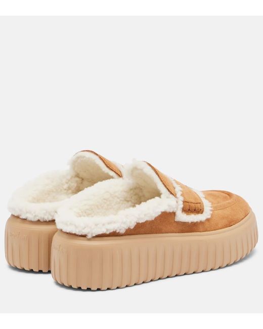 Hogan Brown Shearling-Trimmed Suede Slippers