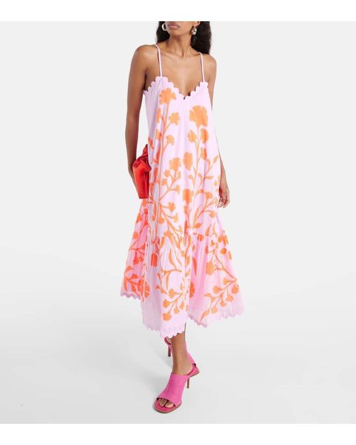 Juliet Dunn Pink Floral Tiered Cotton Midi Dress