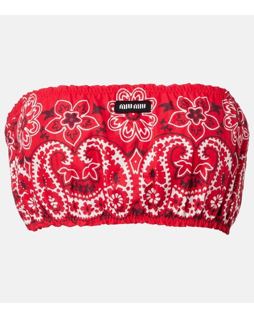 Top Bandeau De Popelin De Algodon Y Lino Miu Miu de color Red
