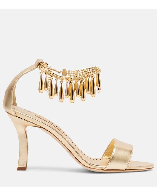 Manolo Blahnik Metallic Nicusan 90 Embellished Leather Sandals