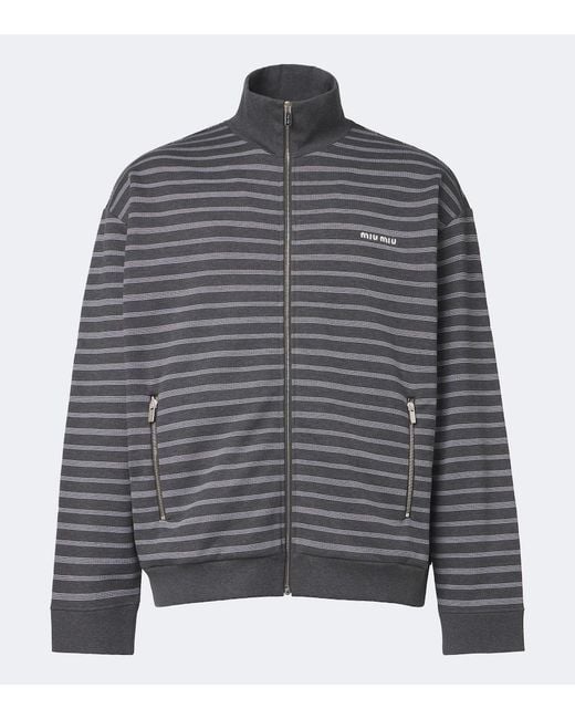 Miu Miu Gray Striped Oversized Cotton Fleece Sweatshirt for men