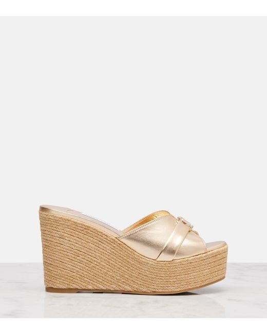 Jimmy Choo Natural Leda 100 Leather Platform Wedge Sandals
