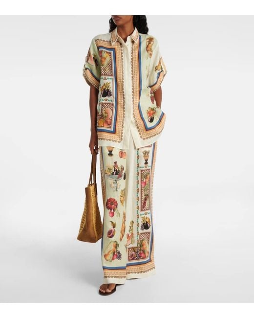 ALÉMAIS Metallic Mercado Printed Linen Wide-Leg Pants