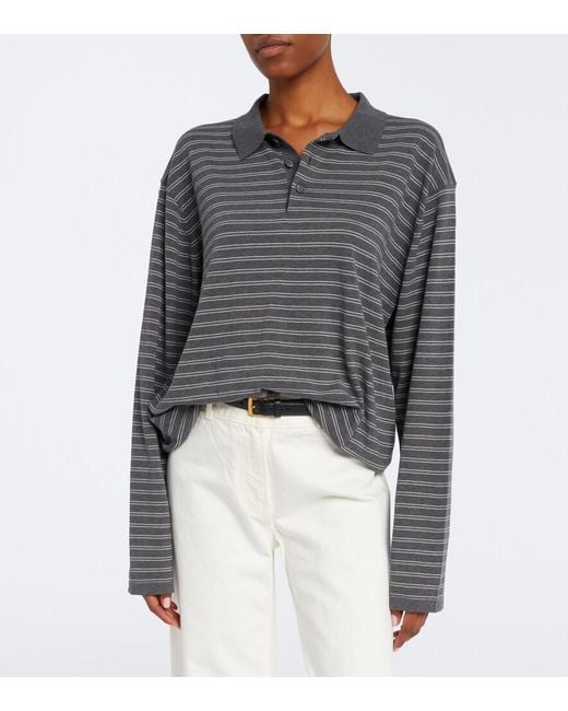Nili Lotan Gray Striped Cotton Jersey Polo Shirt