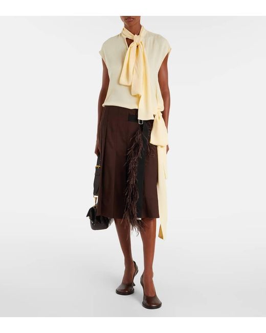 Plan C Brown Feather-Trimmed Pleated Wrap Skirt