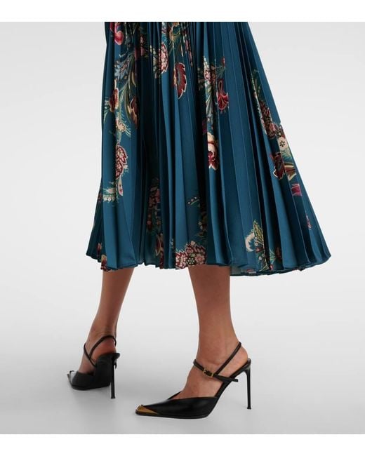 Etro Blue Plisse High-Rise Floral Midi Skirt