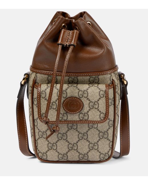 Gucci Brown GG Supreme Mini Leather-trimmed Bucket Bag
