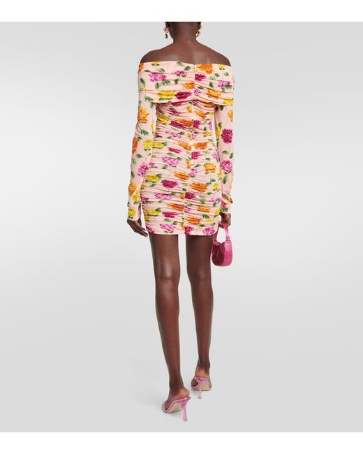 Magda Butrym Pink Ruched Off-Shoulder Floral Minidress