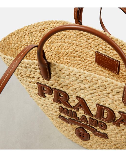 Prada Metallic Logo Leather-trimmed Raffia Basket Bag