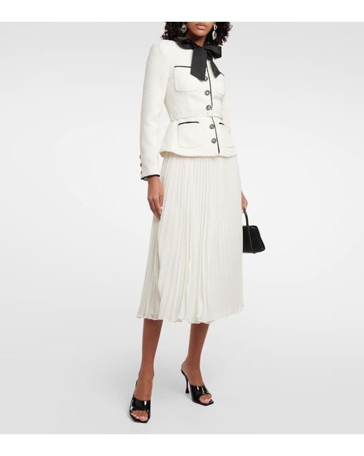 Self-Portrait White Belted Crystal-embellished Bouclé And Pleated Crepe Midi Dress