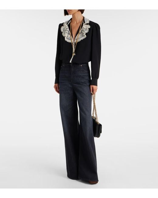 Chloé Black Lace-Trimmed Silk Crepe De Chine Blouse