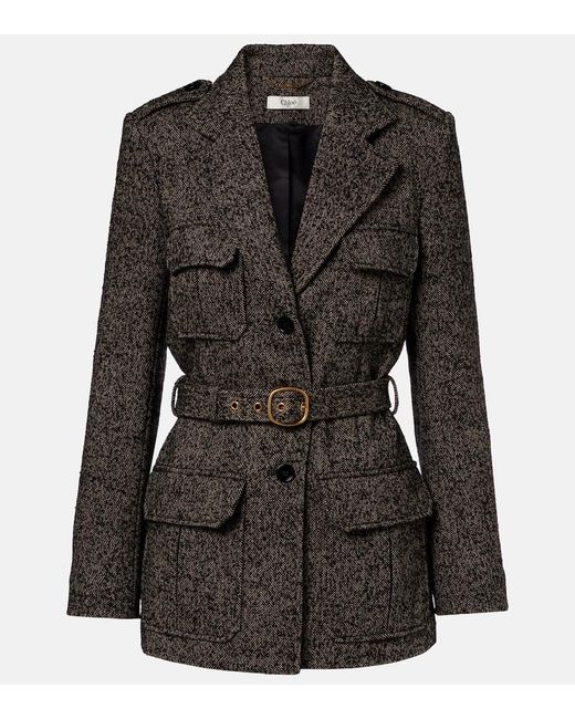 Chloé Black Belted Herringbone Wool-Blend Coat