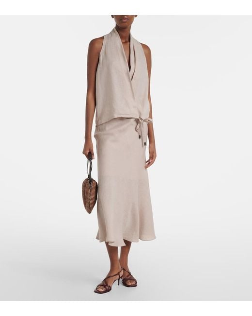 Brunello Cucinelli Natural Monili Halterneck Linen Wrap Top