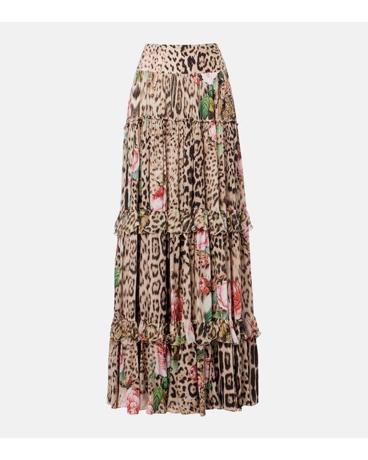 Roberto Cavalli Natural Printed Ruffled Maxi Skirt