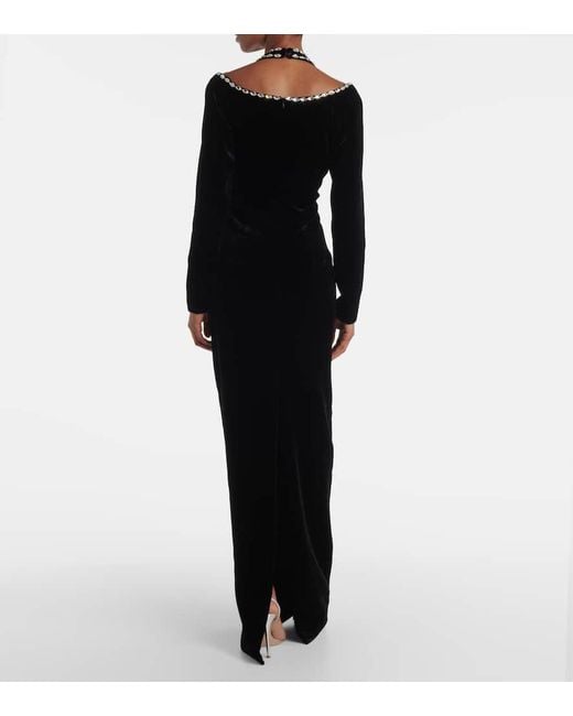 Rasario Black Crystal-Embellished Velvet Gown