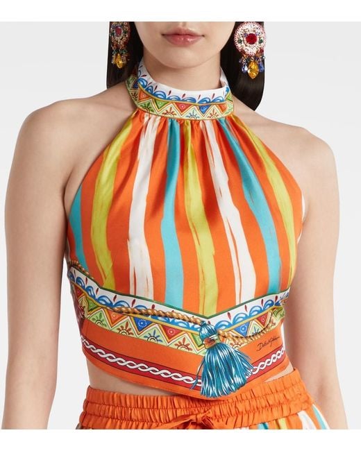 Dolce & Gabbana Orange Striped Halterneck Silk Top