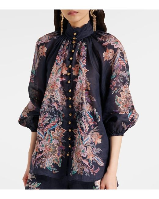 Zimmermann Blue Rhiannon Printed Ramie Blouse