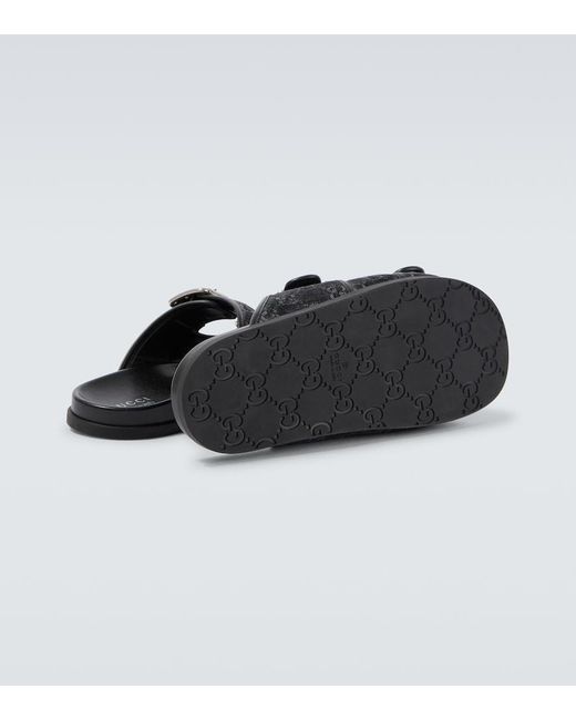 Gucci Black Gg Leather-Trimmed Canvas Slides for men