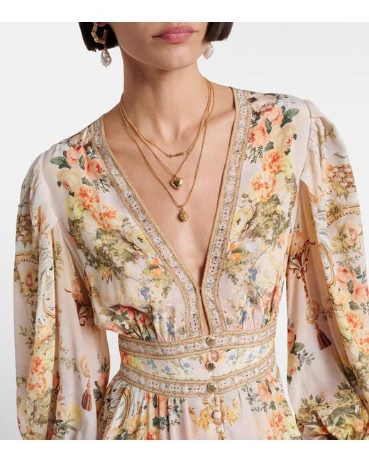 Camilla Natural Embellished Floral Silk Crepe Maxi Dress