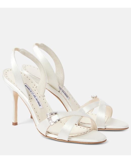 Manolo Blahnik White Ramisli Embellished Satin Slingback Sandals