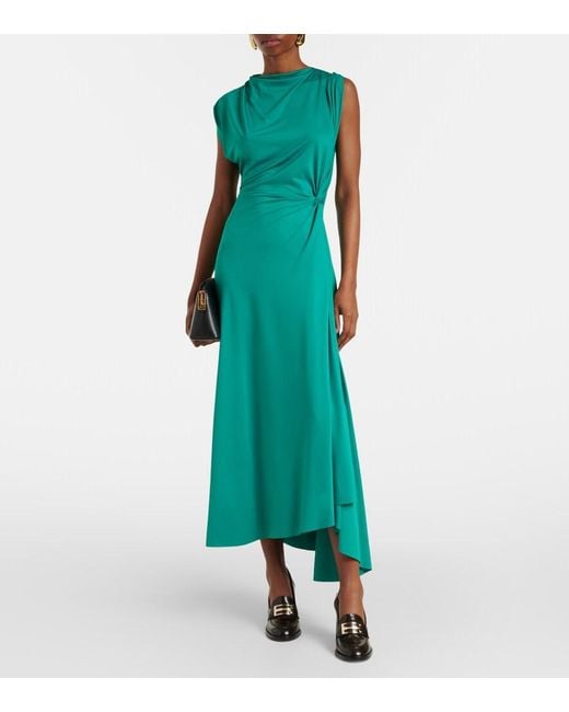 Victoria Beckham Green Asymmetric Gathered Jersey Midi Dress