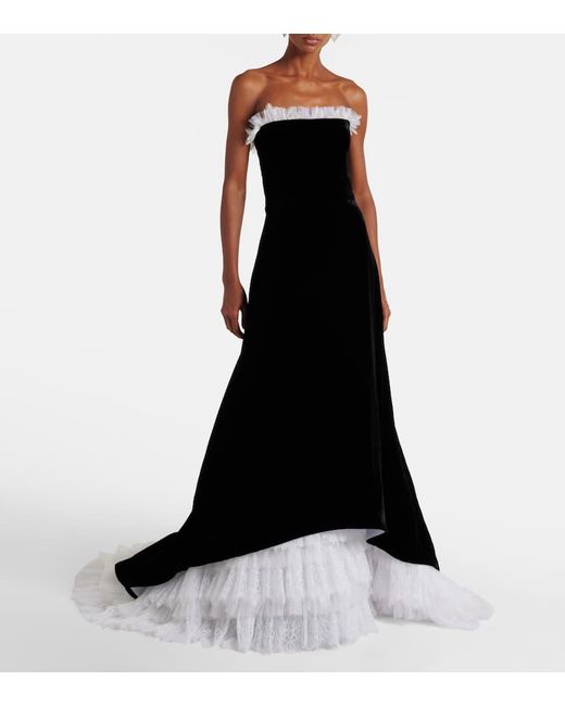 Costarellos Black Laurette Lace-Trimmed Velvet Bustier Gown