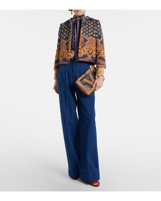 Valentino Blue High-Rise Pleated Wide-Leg Jeans