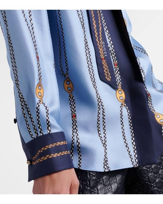 Gucci Blue Printed Tie-Neck Silk Twill Shirt