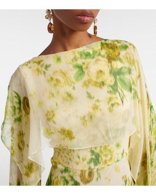 Erdem Yellow Draped Floral Silk Creponne Midi Dress