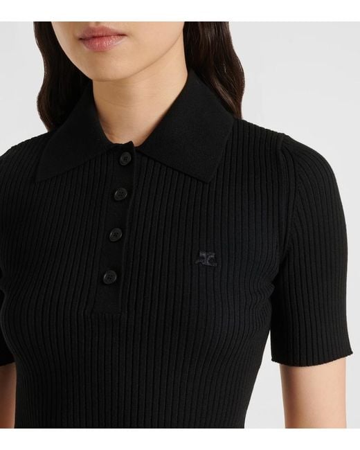 Courreges Black Ribbed-Knit Cropped Polo Shirt