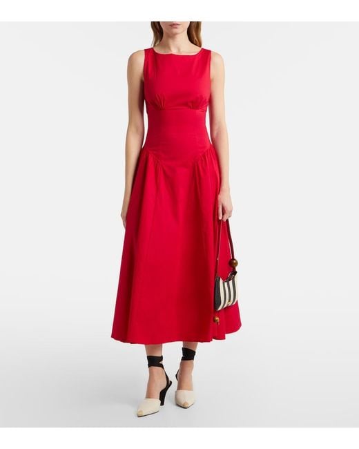Staud Red Gwen Cotton Poplin Midi Dress
