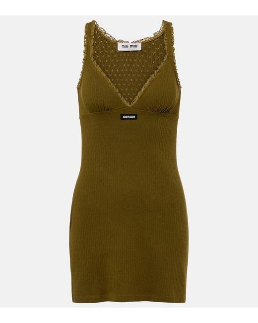 Miu Miu Green Lace-Trimmed Pointelle Cotton Minidress