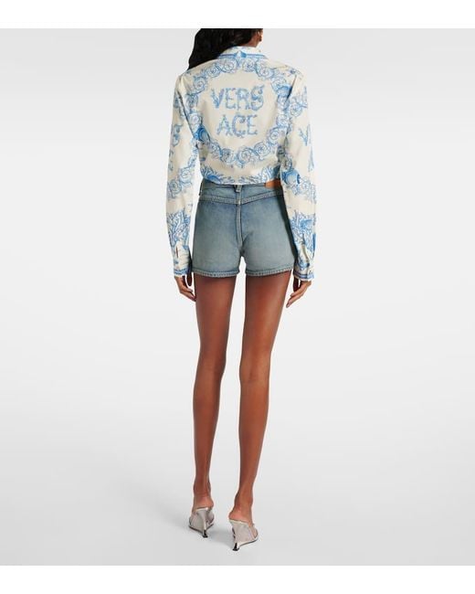 Versace Blue Informal Shirt Underwater Barocco Bicolour Foulard On Cotton Poplin