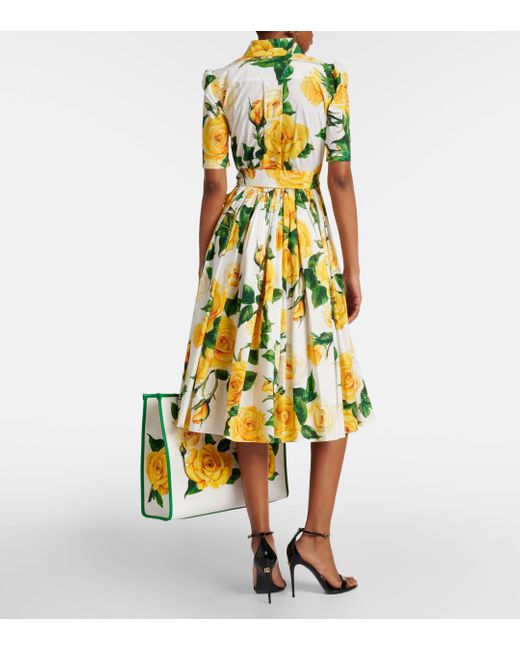 Dolce & Gabbana Yellow Floral Cotton Poplin Shirt Dress