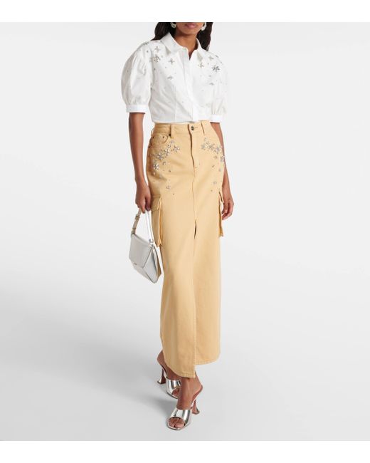 Self-Portrait Natural Embellished Cargo Denim Maxi Skirt