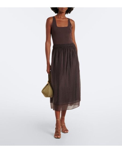 Vince Brown Shirred Ribbed-Knit Midi Dress