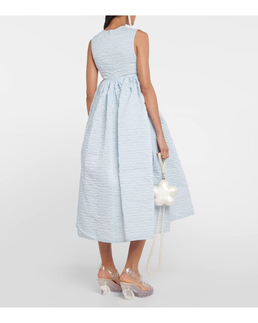 CECILIE BAHNSEN Blue Textured Linen-blend Cloque Midi Dress