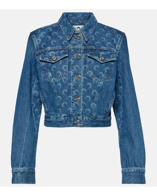 MARINE SERRE Blue Deadstock Cropped Printed Denim Jacket