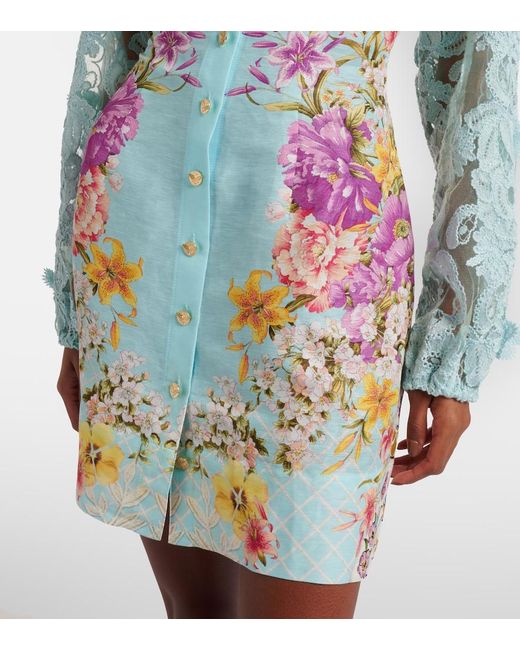 Camilla Blue Embellished Lace-Trimmed Linen And Silk Minidress